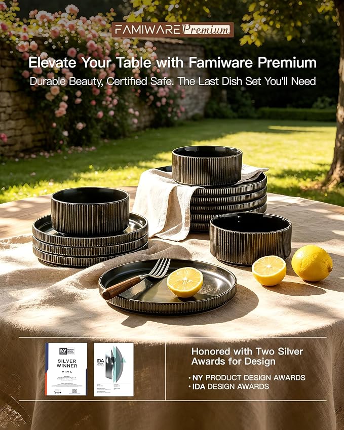 Dinnerware Set for 6, Ceramic Ribbed Plates, Bowls, Dishes | 18-Piece Stoneware Dinner Sets, Handmade Reactive Glaze, Microwave & Dishwasher Safe, Chip & Scratch Resistant, Black Gold