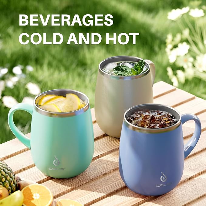 Ideus 16 oz Insulated Coffee Mug with Handle and Lid, Double Wall Stainless Steel Vacuum Thermal Coffee Mug, Travel Coffee Cup Thermal Cup for Home and Office, Ocean Blue 2.0