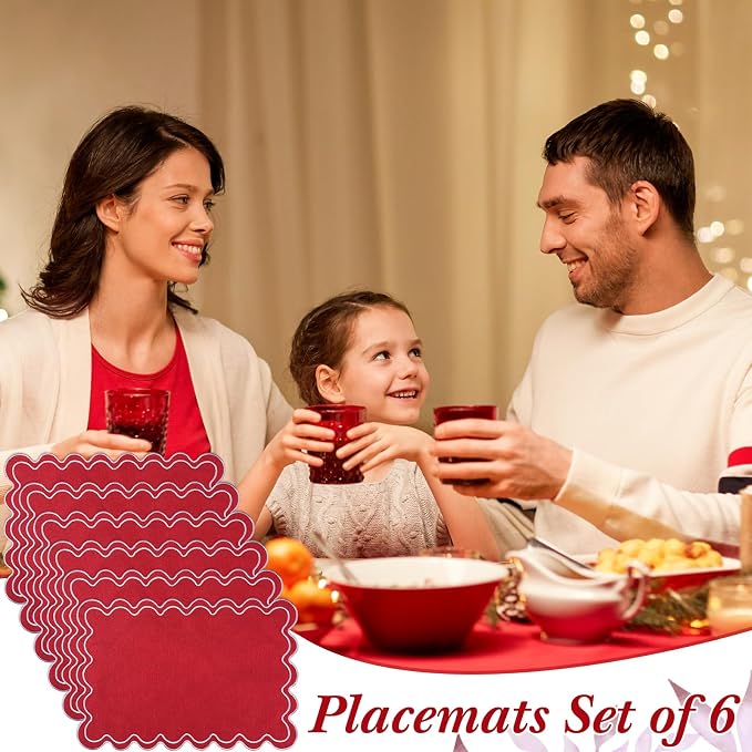 HunnmingRe Red with White Set of 6 Cotton Linen Wedding Placemats, 13x19 Inch Scalloped Wavy Embroidery Placemat Double Layered Washable Rustic Rectangle Dinner Table Mat for Home Decor