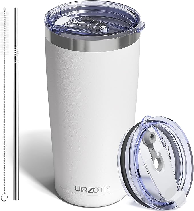 20oz Travel Coffee Tumbler with 2 Lids and Straw, Stainless Steel | Double Wall Vacuum Insulated Tumbler, Coffee Mug for Hot & Cold Drinks, Fits Most Car Cup Holders, White