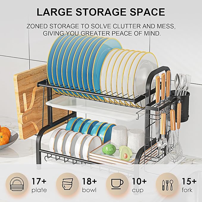 2-Tier Stainless Steel Dish Drying Rack with Drainboard,Black | Small Kitchen counter Space Saver,rustproof stainless steel, 3 detachable drainboards, cutlery holder, tool-free assembly