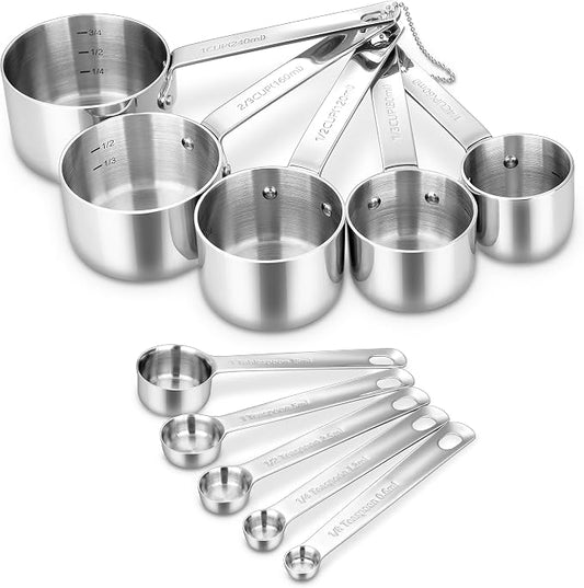 Premium 18/10 Measuring Set (Silver, Measuring Cups & Spoons) | 18/10 Stainless Steel; 10-Piece Nesting Set; Stackable; Upscale; Dishwasher Safe; Ideal for Baking and Cooking.