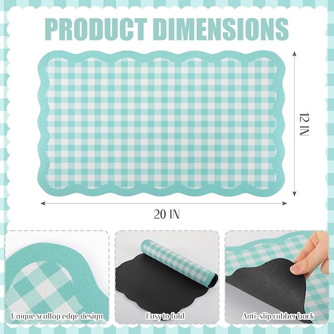 Aqua Sky Scalloped Gingham Coffee Mat 12" x 20" Absorbent Bar Mat | Gingham Espresso Matt with Non Slip Rubber Backing for Coffee Countertops