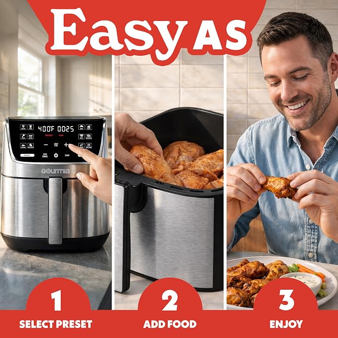 Gourmia Air Fryer - 7 Qt Capacity, LED Display, 12 One-Touch Presets, FryForce 360° Technology, Nonstick Dishwasher-Safe Basket & Crisper Tray, Stainless Steel