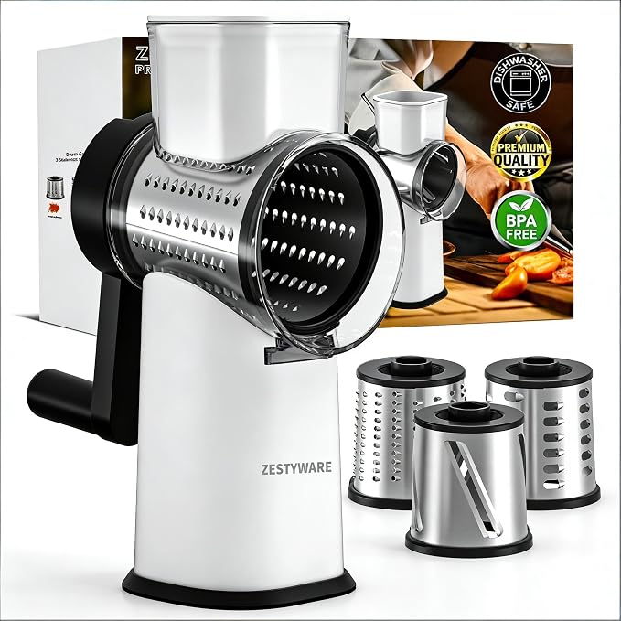 Rotary Cheese Grater Hand Crank with Foldable Handle, Three Blades | Perfect Graters for Kitchen, Fresh Cheese, Vegetables, Nuts, Shredder Hand Crank with Suction Base, Rotary Grader