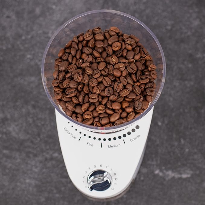 Capresso Infinity Plus Conical Burr Grinder, White | Commercial-grade steel burrs, 16 settings, low-speed gear motor