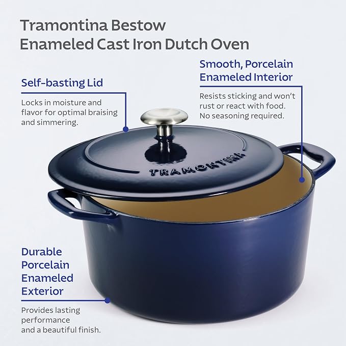 Tramontina Bestow Enameled Cast Iron 5.5-Qt Round Dutch Oven Pot with Lid | Great for Braising, Roasting and Bread Baking - Blue