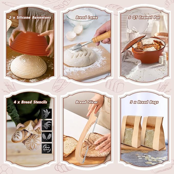 EWFEN Sourdough Starter Kit with Enamel Cast Iron Pot, Complete Sourdough Bread Baking Supplies, Round & Oval Bread Proofing Basket with 34 Oz Starter Jar, Bread Making Tools Kit