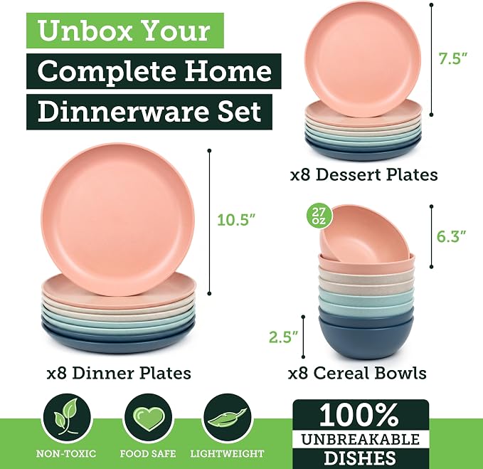 Grow Forward 24-piece Premium Wheat Straw Dinnerware Sets for 8 - Unbreakable Dishwasher & Microwave Safe Plastic Plates and Bowls Sets - Patio, Outdoors, RV, Camping Dishes - Tropical