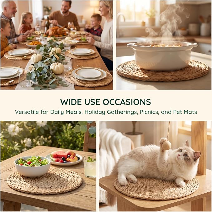 24 Pack 13.8IN Round Woven Placemats, Natural Bulrush Boho Farmhouse Mats | Heavy-duty hand-woven wicker mats for dining table, kitchen, patio BBQ, garden party. Flat-packed storage box. Rustic decor.