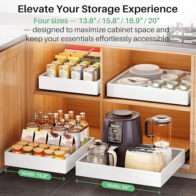 2Pack Pull out Cabinet Organizer, 21"Deep, Heavy Duty Full-extension Slide out Drawers for Kitchen Cabinet, Roll out Shelf Storage with Nano Adhesive for Pots,12"W x 21"D x 3.1"H, White