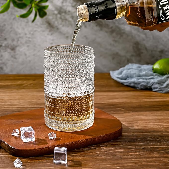 ZMOWIPDL Drinking Glasses Set of 6,15 oz Clear Hobnail Glass Cups | Vintage Glassware，Embossed Water Tumbler,for Beer,Cocktail,Whiskey,Juice and Various Mixed Drinks- 1 Cleaning Brus