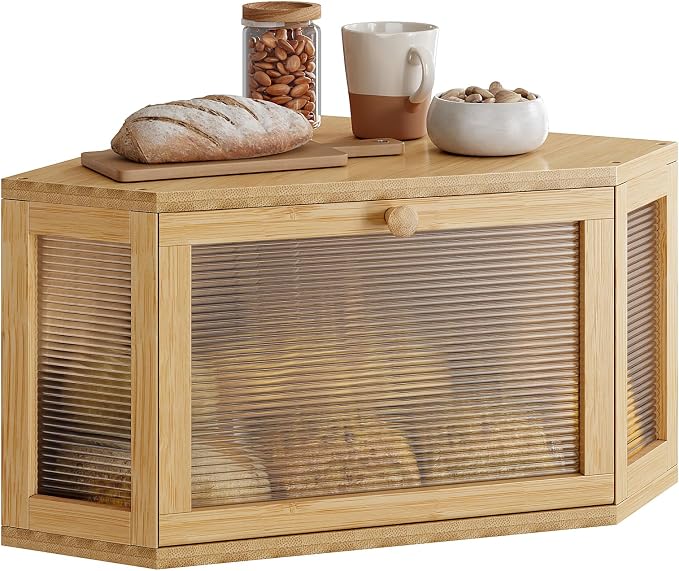 WOWLIVE Corner Bread Box, Bamboo Bread Storage with Acrylic Wavy Door | Breadbox for Kitchen Countertop, Large Farmhouse Bread Holder for Homemade Bread, Multi-functional Container, Natural