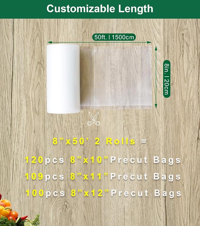 Vacuum Sealer Bags for Food, 8 Inch 50 Feet Custom Size 2-pack | Heavy Duty BPA-free Vacuum Sealer Bags Rolls for Food Saver, Freezer Food Storage, Seal a Meal, Sous Vide, Meal Prep