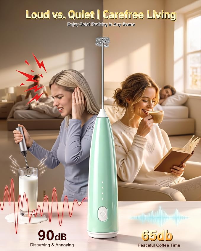 Milk Frother Handheld,Portable Electric Drink Mixer&Wand,Egg Whisk-Green | USB C Rechargeable | 3 Detachable Whisks | 3 Adjustable Speeds | Quiet Operation | For Coffee, Latte, Matcha,protein powder