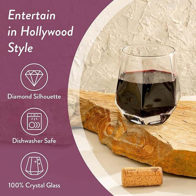 Hexagon Stemless Wine Glasses Set of 6 – Elegant 10.5 oz, Durable, Dishwasher Safe, Spill-Proof Design, Perfect for Wine, Cocktails, Whiskey, Everyday Use, Dinner Parties, and Entertaining, Giftable