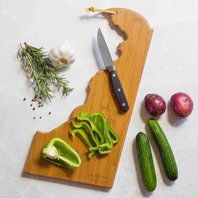 Totally Bamboo Delaware State Shaped Cutting Board, Summer Stokes Art | State charcuterie board with colorful hand-drawn landscape art. Smooth reverse side for food prep. Hang tie for wall display.