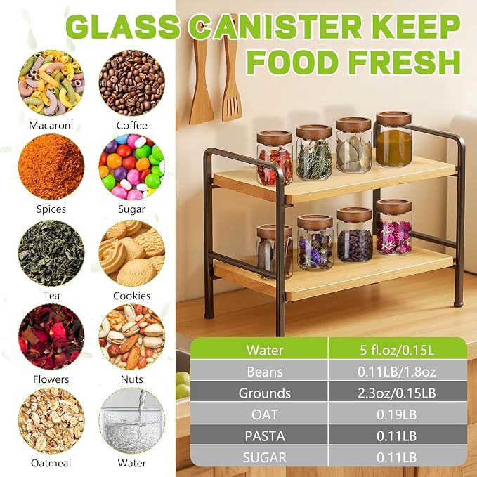 5 oz Glass Spice Jar with Acacia Wood Lid 8 pcs,Small Coffee Sugar Herb Container Food Storage Canisters Bottle for Candy Kitchen Seasoning Tea Overnight Oats Bar Snacks (8 * 150ml(5oz))