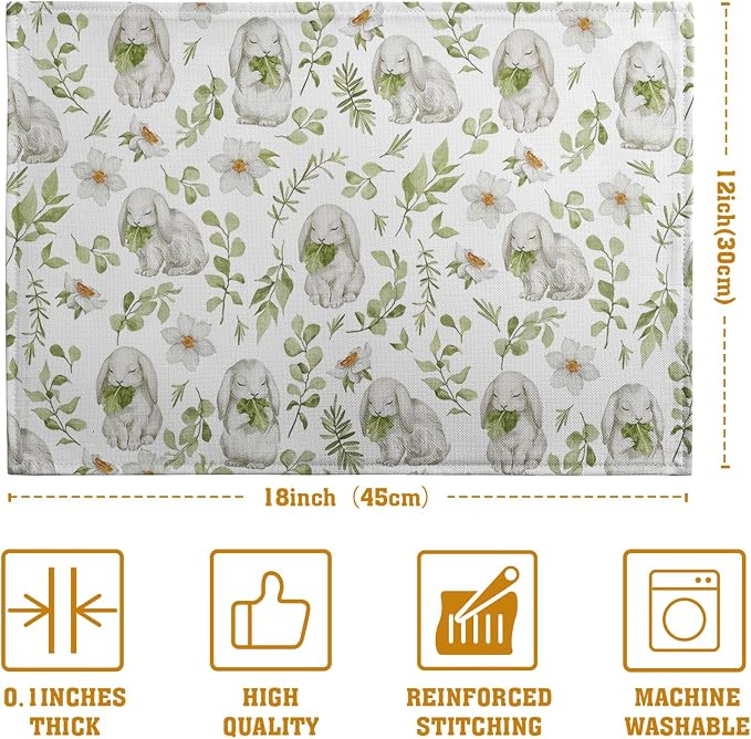 Easter Bunny Rabbits Placemats Set of 4 Easter Spring Green Leaves Flroal Dining Table Placemats 12x18 Inch Heat Resistant Washable Table Mats for Kitchen Dining Holiday Indoor