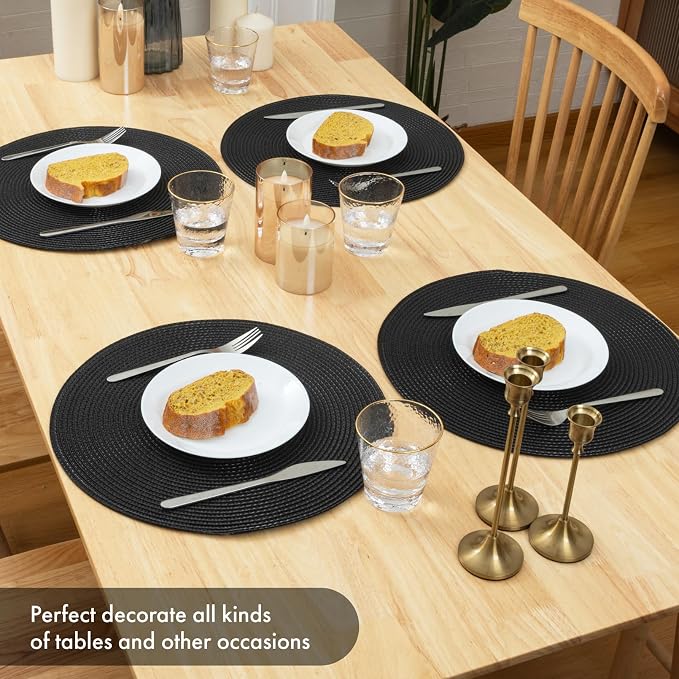 Winknowl Round Braided Placemats Set of 8 Washable Woven Heat Resistant Table Mats for Kitchen Dining Tables 15 inch Round Place Mats (Black,8pcs)