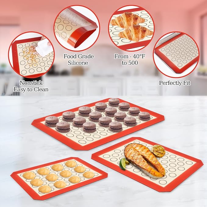 Baking Sheet with Silicone Baking Mat Set, Stainless Steel 3 Pans + 3 Mats | 9/10/12 Inches Cookie Sheets for Baking, CEKEE Baking Sheet Pan Set, Heavy Duty Design for Baking, Roasting and Cooking