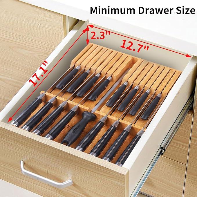 Utoplike In-drawer Knife Block Bamboo Kitchen Knives Drawer Organizer Large | Holder Storage for Steak, Paring, Bread Knives, Holds Up to 16 Knife & 1 Sharpening Steel (Knives & Sharpening Not Included)