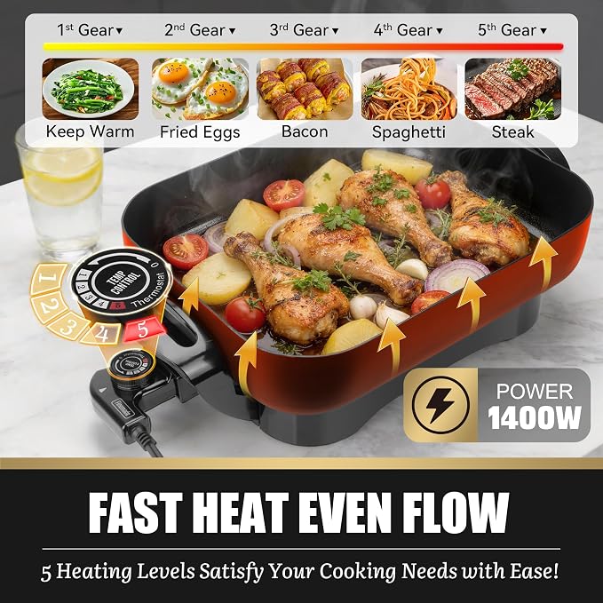 FineMade Family Size Electric Skillet with Lid, XL Electric Skillet, Deep Skillet, Temperature Control, Square 15 x 11.5 Inch Ceramic Nonstick Interior, Graphite