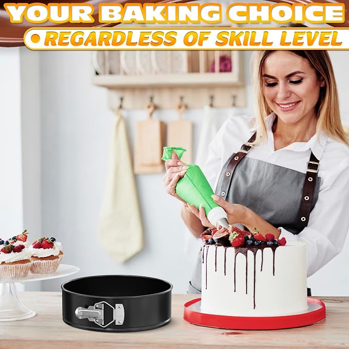 BURIUS Springform Pan Set of 3, 4 7 9 Inch Nonstick Round Cheesecake Pans | Leak-Resistant Sides and Removable Bottoms Release Cheesecakes Cleanly - Easy-Open Latch, Plus 60 Parchment Liners Included