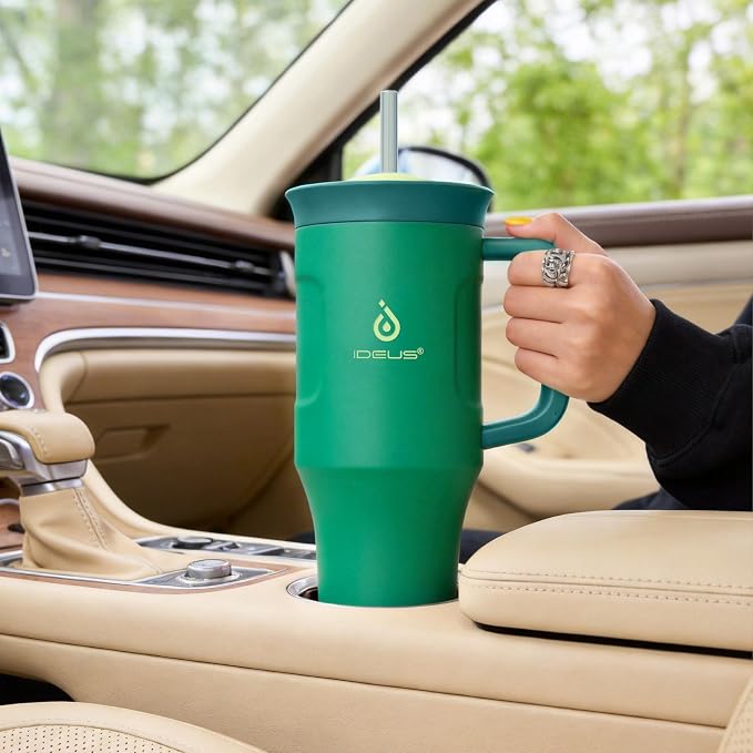 Ideus 32 oz Tumbler with Handle and Straw, Olive Green | 100% Leak Proof, Double Wall Vacuum Insulated, Stainless Steel Travel Mug, Cup Holder Friendly