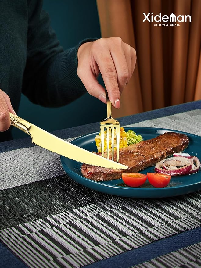 Xideman® 16-Pc Champagne Gold Hammered 18/10 Stainless Steel Silverware Set | Ultra Sharp 2-IN-1 Serrated Knives, Ergonomic Non-Slip Handles, Service for 4, Rust Resistant, Dishwasher Safe