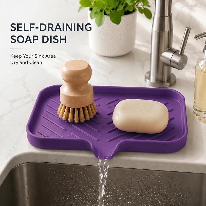 MicoYang Silicone Soap Dish with Drain Spout — Self-Draining Sink Organizer Tray for Bathroom & Kitchen, Sponges, Dispensers & Soap Holder, Non-Slip & Dishwasher Safe, Purple (Medium, 9.6"×5.3")