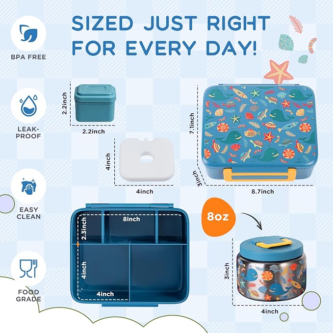 Kids Bento Lunch Box with 8oz Thermo, Ice Pack & Dividers for School | Food Container 5 Compartments,Insulated Food Jar,Keep Warm&Cold,Removable Dividers,Leak-Resistant,BPA-Free,Easy to Clean