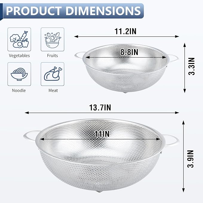 Gulex Colander Stainless Steel 3-Quart with Base, Strainer for Kitchen Food