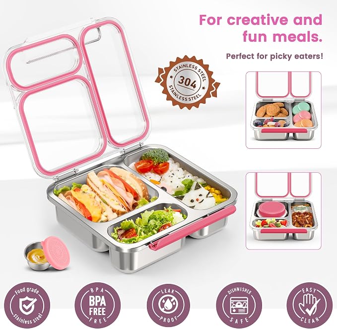 Stainless Steel Bento Box Kids Adult with 7oz Soup Thermo, Transparent Lid 3 Compartments Metal Bento Lunch Box with Insulated Food Jar,Lunch Box Container Sauce Cup for School,BPA-Free (Pink)