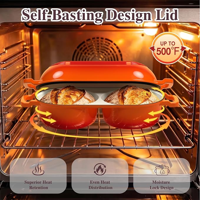 Umite Chef Complete Mini Double Dutch Oven Kit for Sourdough Bread – Enameled Cast Iron Bread Pan with Deep Dual Loaf Pots, Includes 5" Banneton Basket & Cotton Potholders, 500°F Oven Safe (Orange)