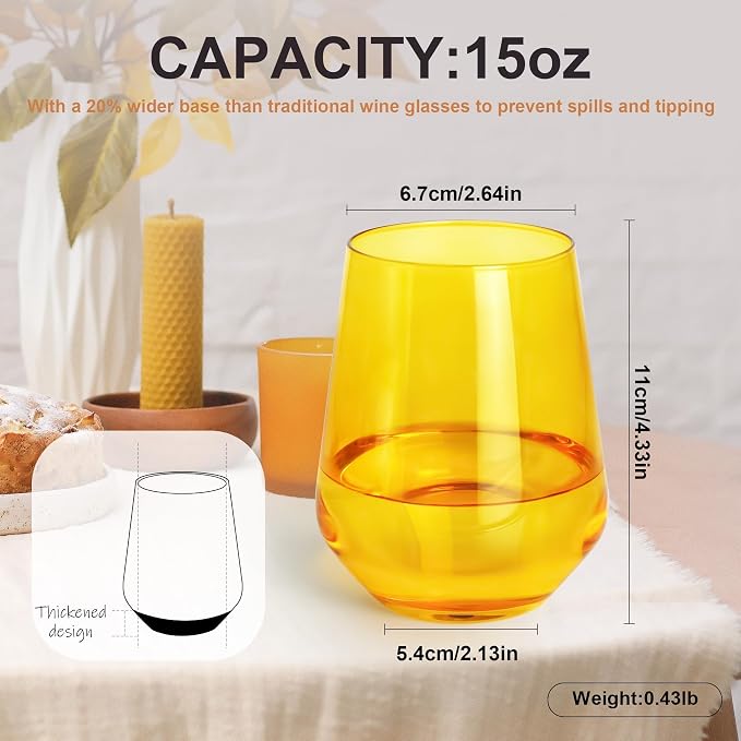 Amber Stemless Wine Glasses Set of 6, 15oz Drinking Glassware Dishwasher Safe, Wine Glass Tumblers for Red or White, Gift for Party, Holiday, Anniversary, Restaurant, Home Bar, Daily Use