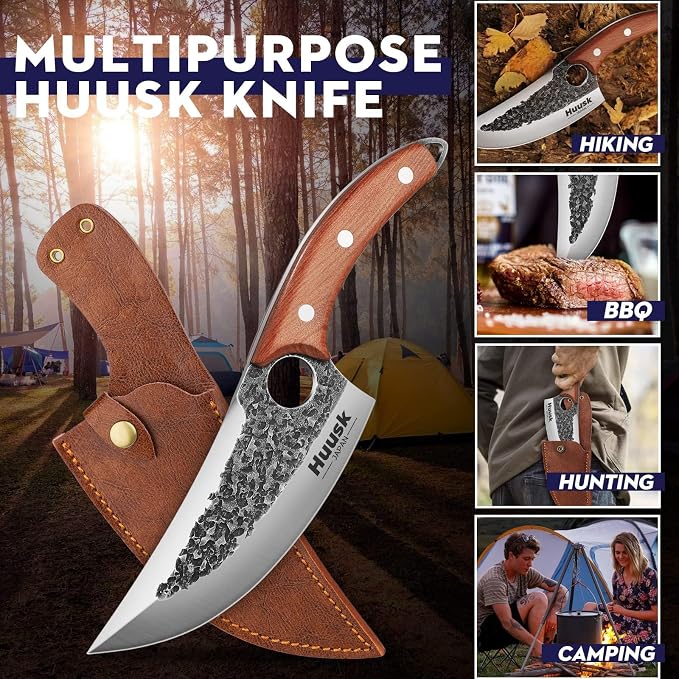 Huusk Viking Knife with Leather Sheath, Hand Forged Butcher Chef Knives | Razor-sharp Japanese Carbon Steel Meat Cutting Knife with Wood Handle for BBQ, Camping & Kitchen, Cool Gifts for Men & Dad
