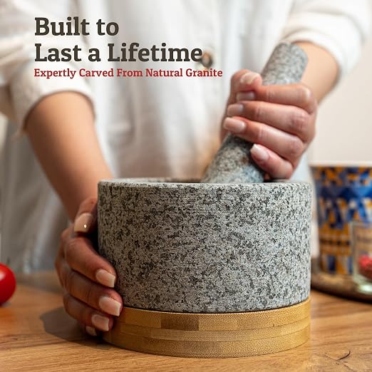 PriorityChef Heavy Duty Mortar and Pestle Set with Bamboo Base, 100% Natural Granite Stone Grinder, Guacamole Bowl and Masher, 2 Cups, Grey
