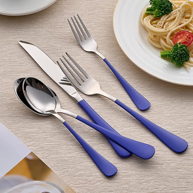 20-Piece Blue Silverware Set 18/0 Stainless Steel Silverware Set Blue Handle Cutlery Set Service for 4 Dinner Knives Forks Spoons Set Flatware Set Finish Dishwasher Safe