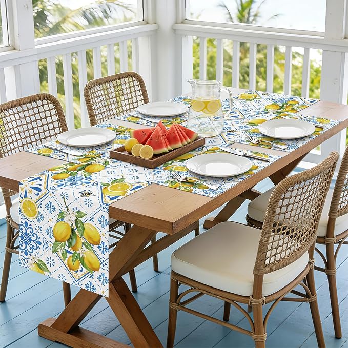 Bonhause Lemon Summer Placemats Set of 4, 12x18 Inch Italian Blue Tiles Lemons Yellow Fruits Mediterranean Kitchen Dining Table Mats Washable Place Mats for Indoor Outdoor Home Party Decor