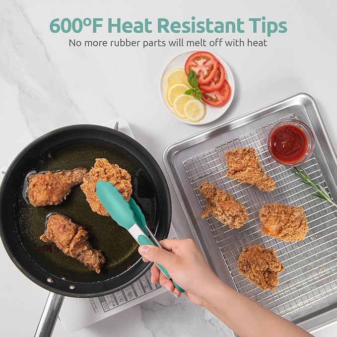U-Taste Kitchen Tong for Cooking, 600ºF Heat-Resistant Tps, 7in/Aqua Sky | Small Mini Silicon Tongs for Serving Food, Short Salad Thong with Non Stick Rubber Tips & 18/8 Stainless Steel Handle