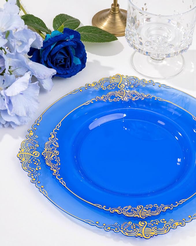 Nervure 175Pcs Blue Plastic Plates, Disposable Party Plates for 25 Guests | 25 7.5" Dessert & 25 10.25" Dinner Plastic Plates, 75 Gold Cutlery, 25 9oz Cups, 25 Napkin for Wedding & Party, Heavy-duty