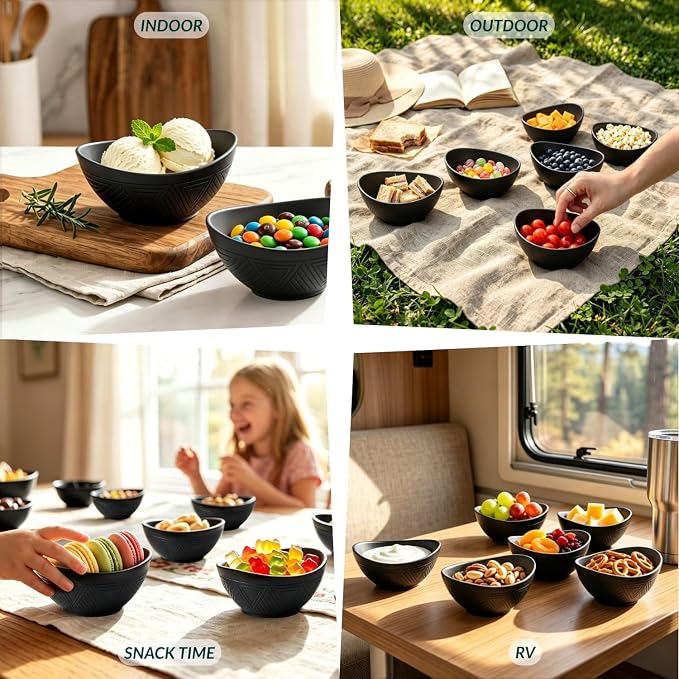 Wheat Straw Bowls 10 OZ Small Bowls Unbreakable Small Serving Bowls for Ice Cream, Snack, Dipping Side Dishes, Yogurt Microwave & Dishwasher Safe Oval Bowls for Camping, Dorm (6 PCS, Black)