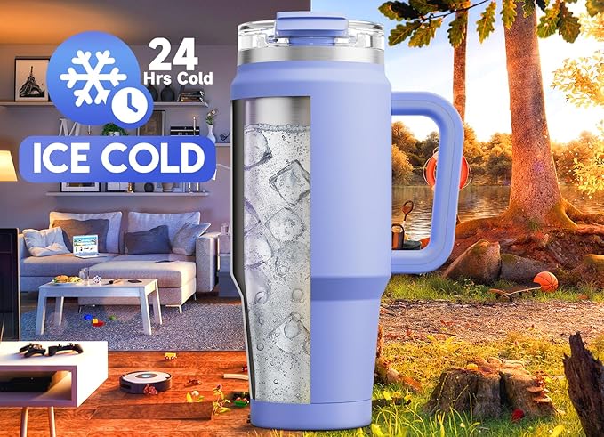 Meoky 32 oz Tumbler with Handle, Insulated Tumbler with Lid and Straw, Stainless Steel Travel Mug, Keeps Cold for 24 Hours, 100% Leak Proof, Fits in Car Cup Holder (Lilac)