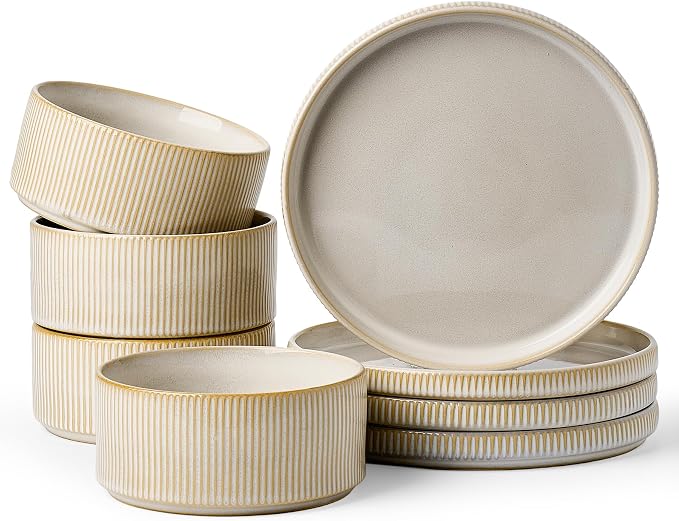 Ceramic Dinnerware Sets for 4, 8-Piece Deep Salad Plates and Cereal Bowls | Famiware Premium Stoneware Dishes, Chip & Scratch Resistant, Microwave & Dishwasher Safe, Everyday Dining, Cappuccino White