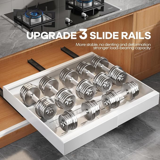 Seinloes 4 Pack Expandable (15.1"-26.3") Pull Out Cabinet Organizer 21" Deep With Raising Pad for Framed Cabinets,Upgrade 3 Slide Rails Slide Out Drawers,No Drill Roll Out Shelves Adhesive,White