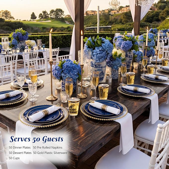 KIRE 350Pcs Blue and Gold Plates -Heavy Duty Navy Blue Dinnerware Set - 100 Plastic Plates 50 Pre Rolled Napkins with Gold Plastic Silverware 50 Cups for Party/Wedding/Birthday