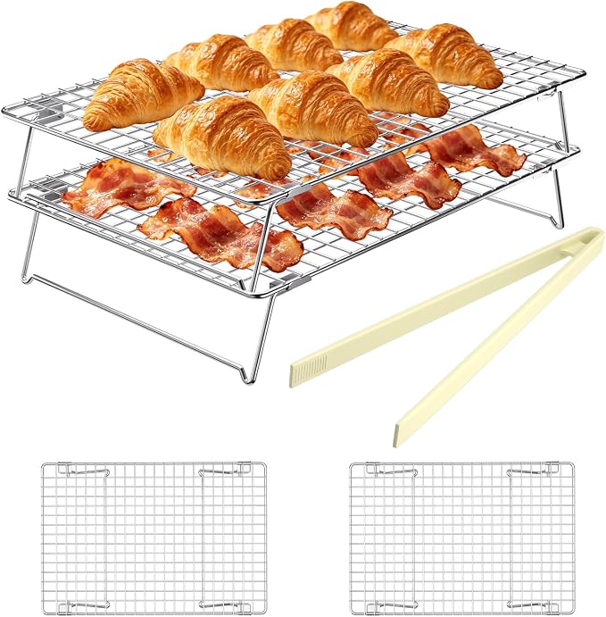 13 * 9.4 IN 2-Tier 304 Stainless Steel Cooling Rack with a kitchen tong | Cookie Cooling Racks for Baking, Collapsible Cooling Racks for Cooking and Baking Cookie Pizza Cake, Oven and Dishwasher Safe