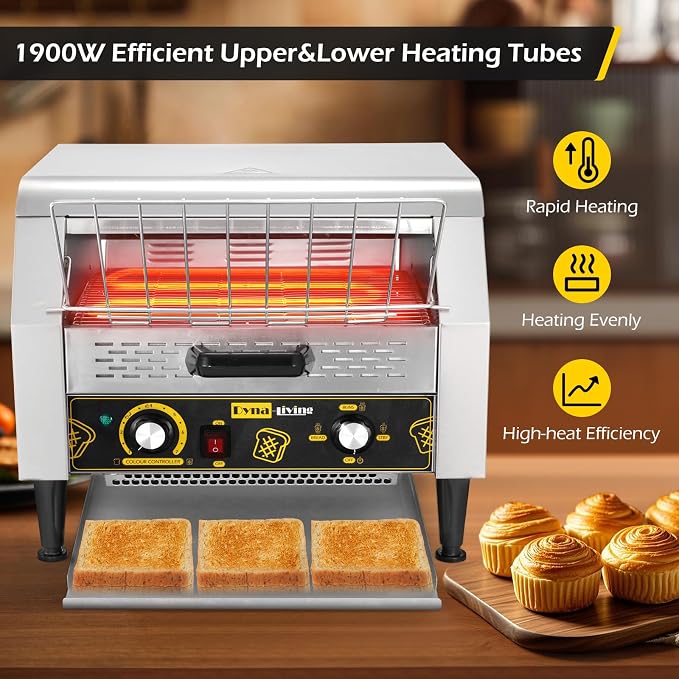 Dyna-Living Commercial Toaster 450 PCS/H Conveyor Toaster for Restaurant | 1900W Commercial Conveyor Toaster, Heavy Duty Stainless Steel Rolling Bread Toaster for Baking Bun, Bagel, Bread