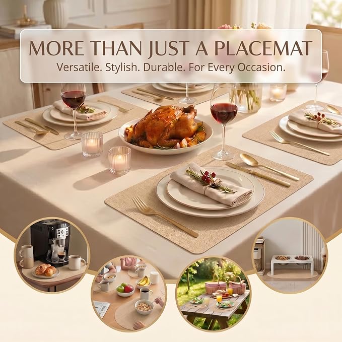 Faux Leather Placemats Set of 6, Wipeable Waterproof Stain Resistant Table Mats, Heat Resistant Thick Placemats with Hand-Painted Edges for Kitchen Dining, Imitative Linen Texture, Various Shapes